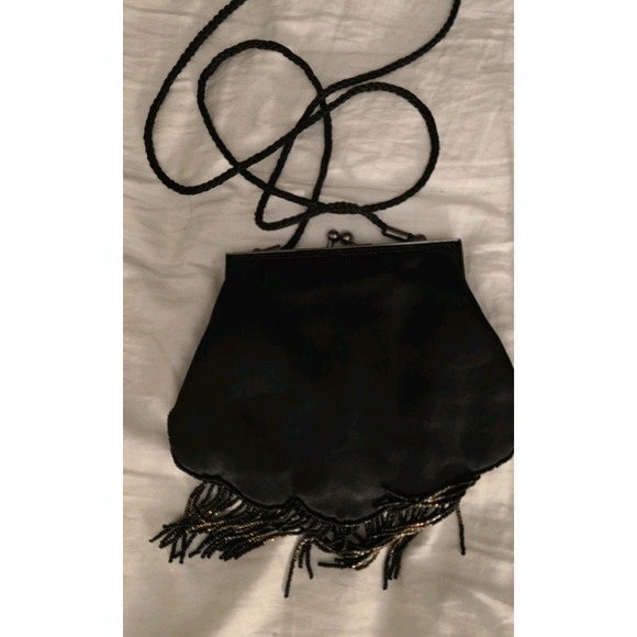 Black Sequin Bead Embellished Evening Bag Crossbody Purse Kiss Clasp 1 Pocket - Picture 4 of 5